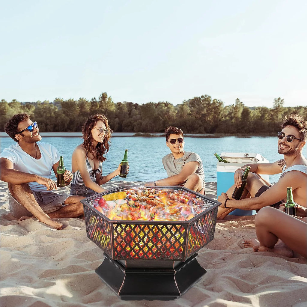 28'' Hex Shaped Steel Wood Burning Fire Pit with Spark Screen & Fire Poker H14804