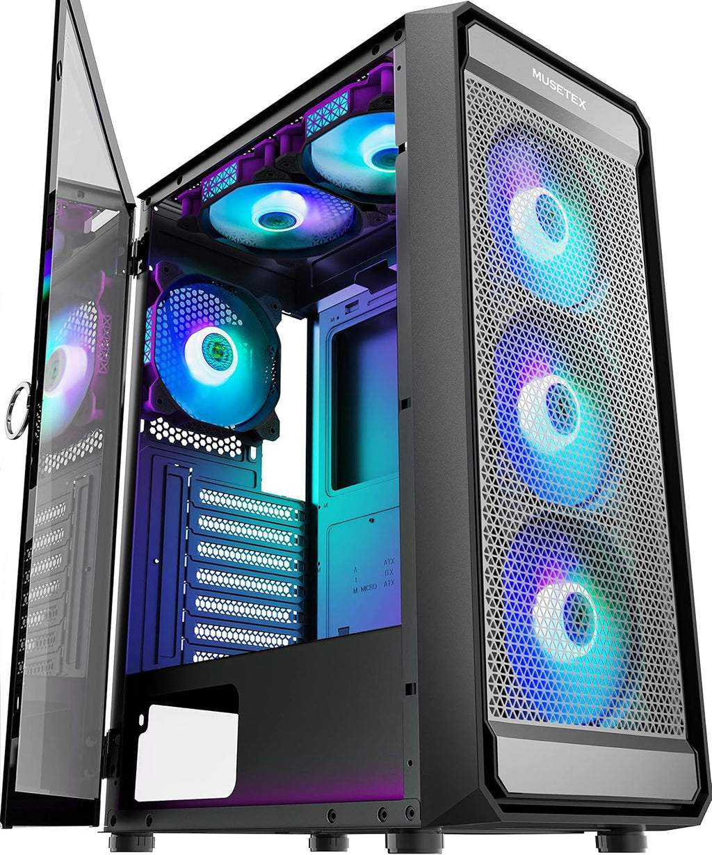 ATX PC Case with 6pcs ARGB Fans, Type-C Port, Mesh Front Panel, Tempered Glass Side Door K2067