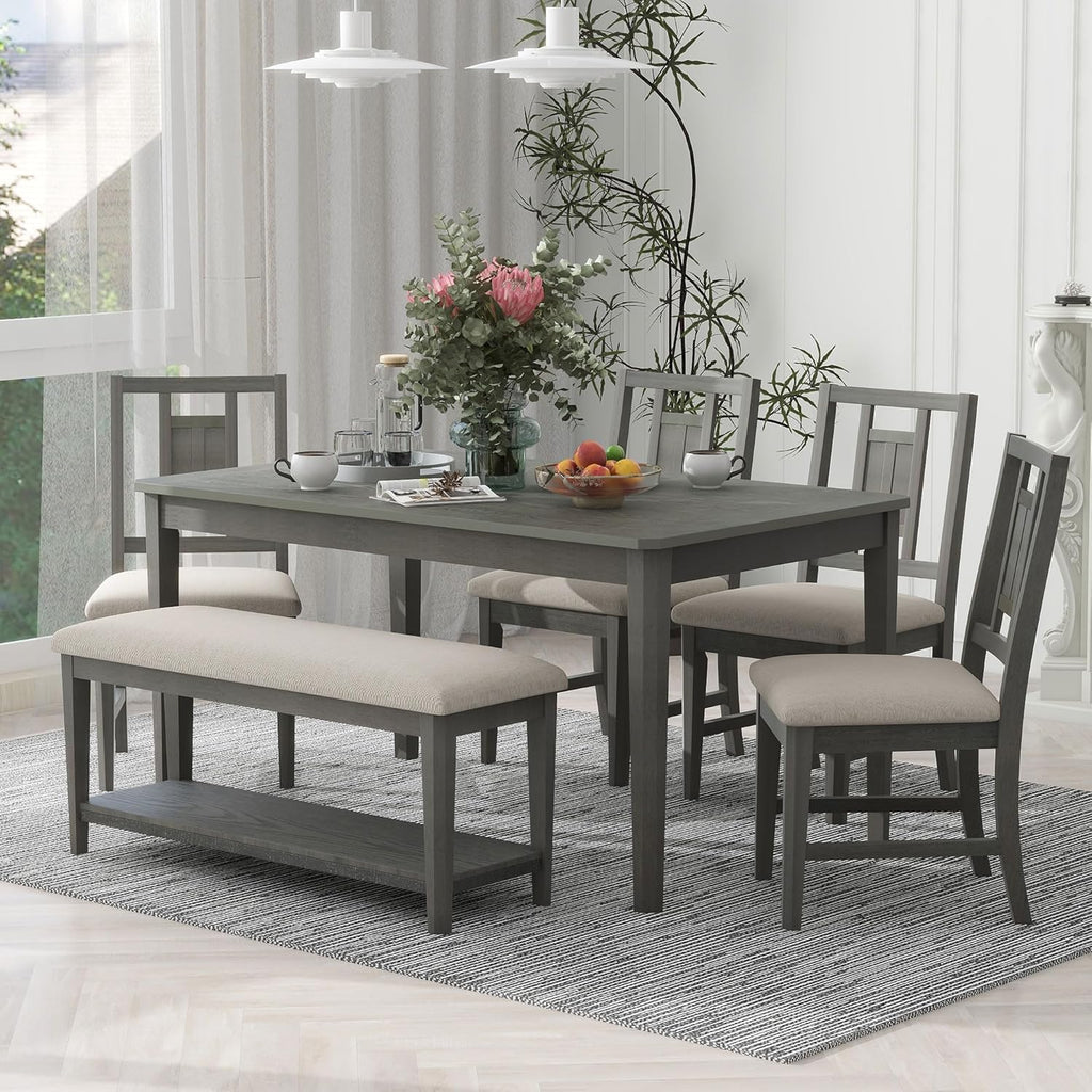 6-Piece Dining Table Set with 4 Upholstered Chairs and 1 Bench, Solid Wood, Dark Gray L330128