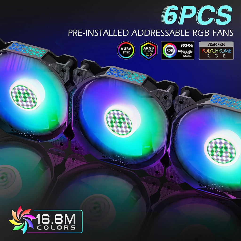 ATX PC Case with 6pcs ARGB Fans, Type-C Port, Mesh Front Panel, Tempered Glass Side Door K2067