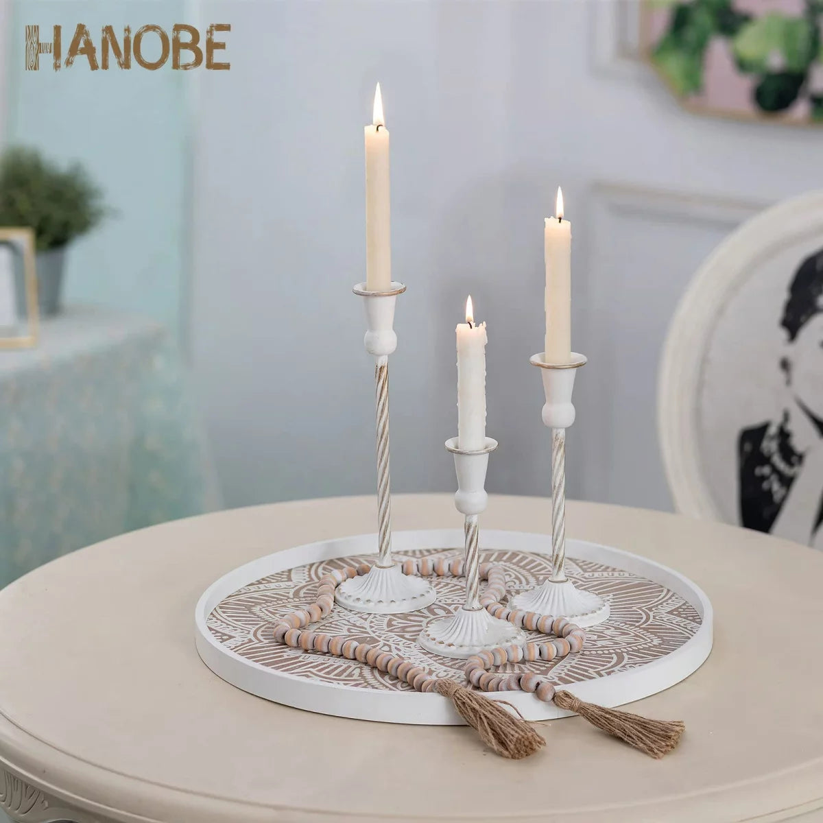 Round White Washed Wood Decorative Tray W7108
