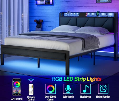 Full Bed Frame with LED Lights and Charging Station N504