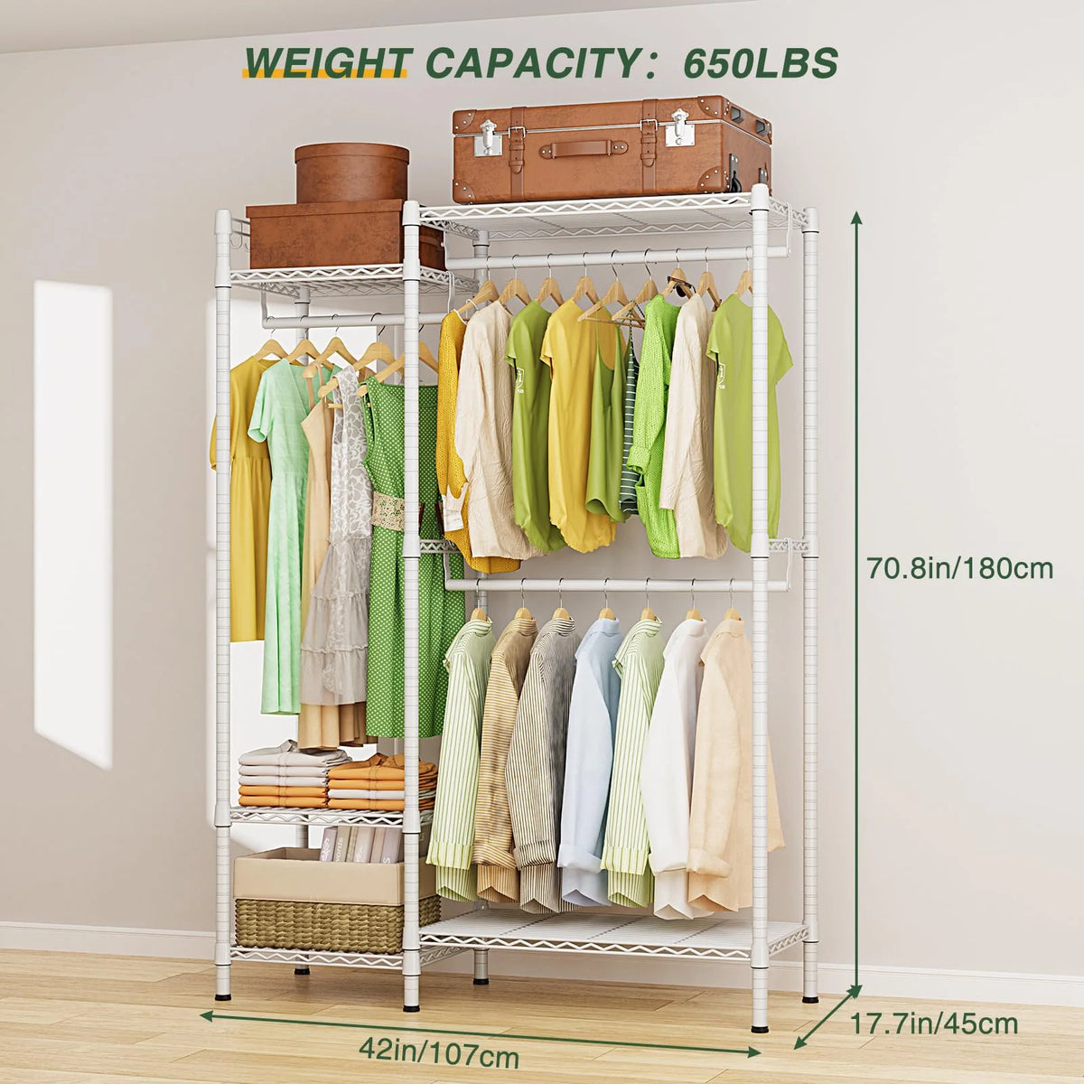 Heavy Duty Portable Clothing Rack with Shelves White S375