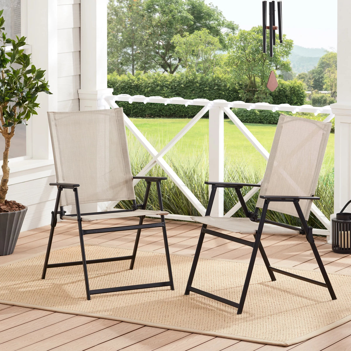 Black Steel and Sling Folding Outdoor Patio Armchair Set of 2 G10723