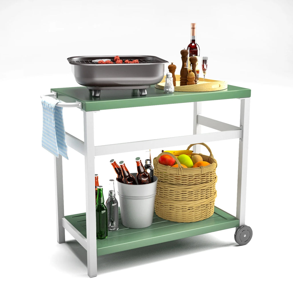 Outdoor Dining Cart Table Aluminum Grill Table with Wheels A45640