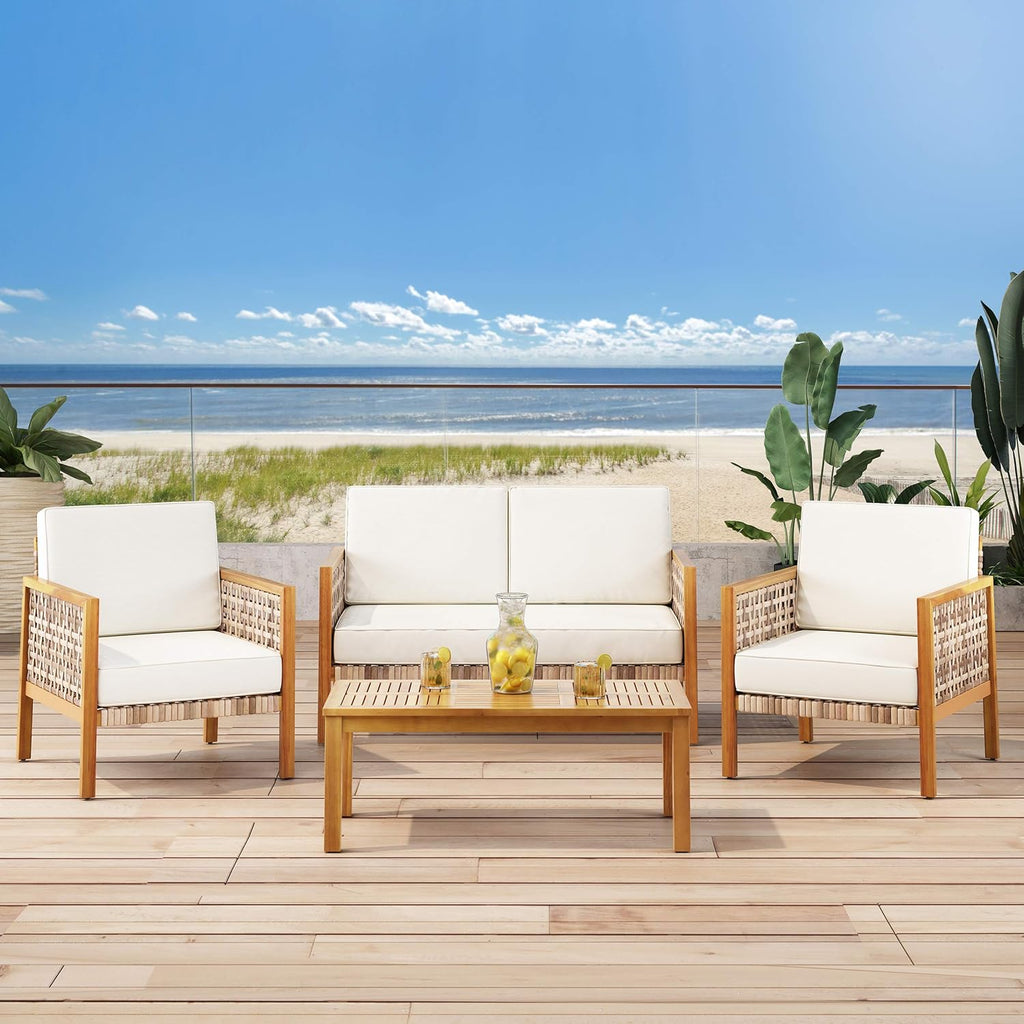 Outdoor 4 Seater Acacia Wood Chat Set with Wicker Accents, Teak Finish B3944