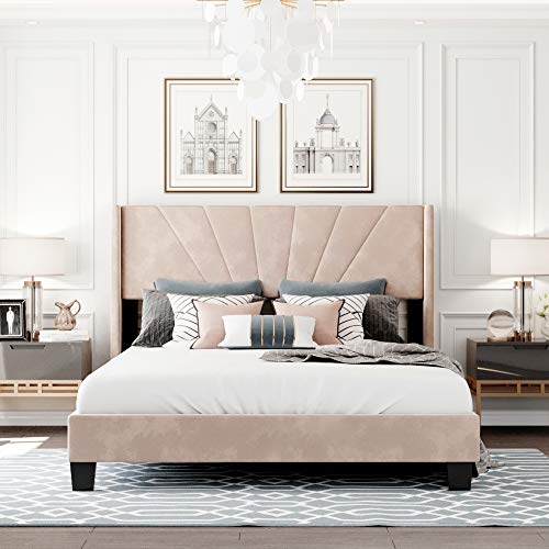 Pink Queen Size Velvet Upholstered Platform Bed with Headboard and Footboard J672