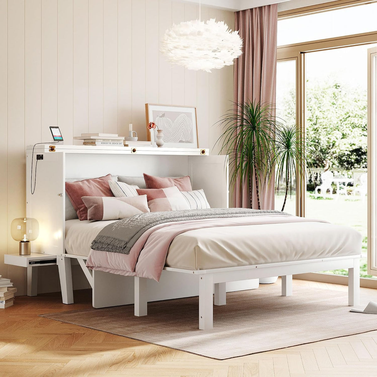 White Queen Size Murphy Bed with Wooden Slat Support T565344