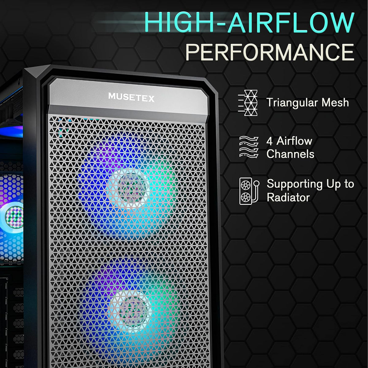 ATX PC Case with 6pcs ARGB Fans, Type-C Port, Mesh Front Panel, Tempered Glass Side Door K2067