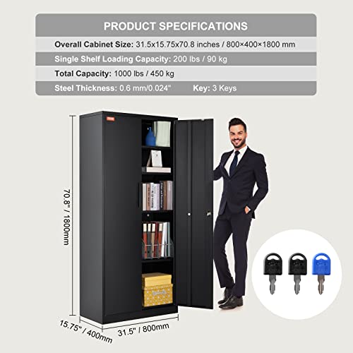 Black Metal Storage Cabinet with 2 Doors and 4 Adjustable Shelves O242