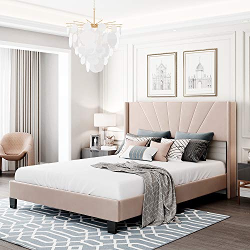 Pink Queen Size Velvet Upholstered Platform Bed with Headboard and Footboard J672