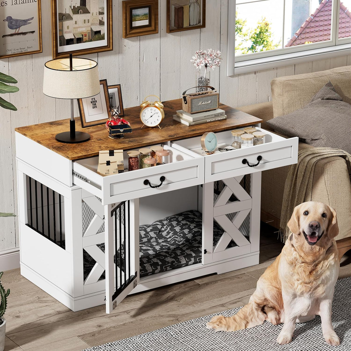 Large Dog Crate with Drawers Storage and Locks M31326