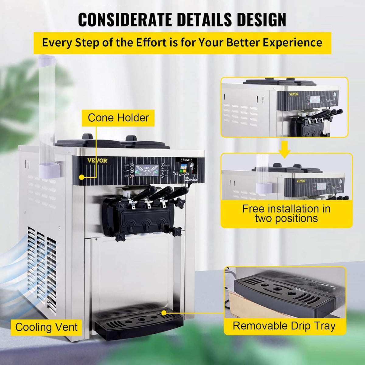 Silver Commercial Ice Cream Machine 5.3 to 7.4Gal per Hour 3 Flavors 2200W F196