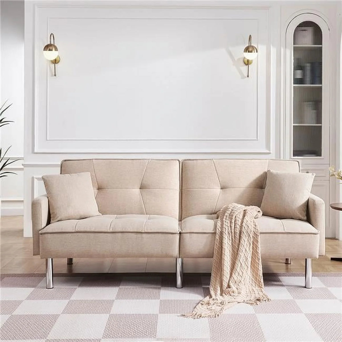 84.6 in. Extra Long Tufted Beige Fabric Futon Adjustable Sofa Bed V24003