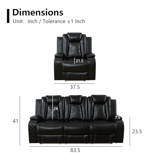 Black Leather Recliner Sofa Set with LED Light V801259