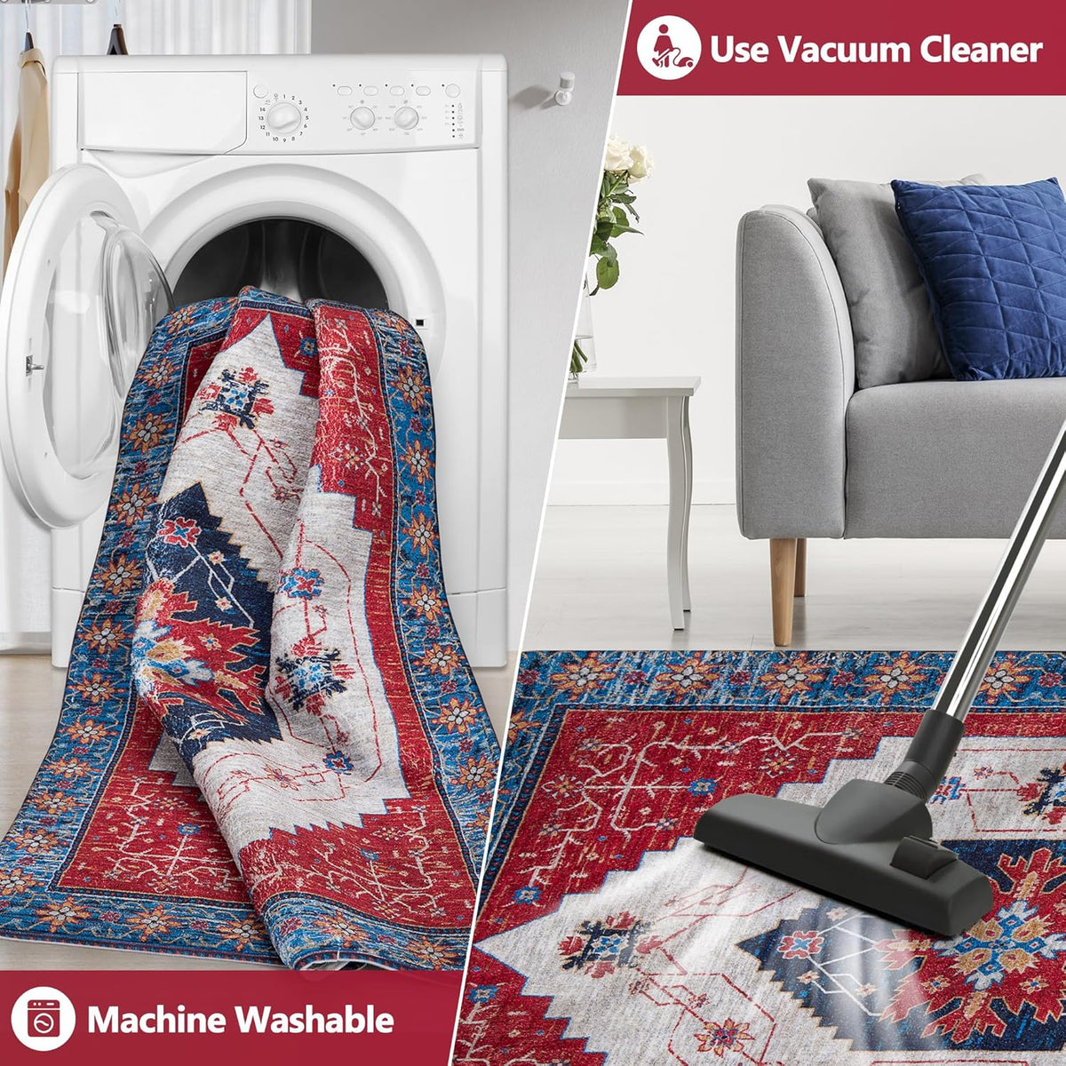 Red/Multi 2'x3' Non Slip Washable Distressed Low-Pile Rug S522097