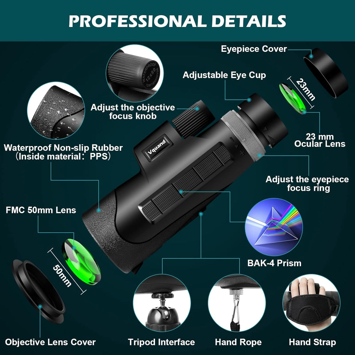 12X50 BAK4 Prism FMC Monocular with Smartphone Adapter and Tripod B4210