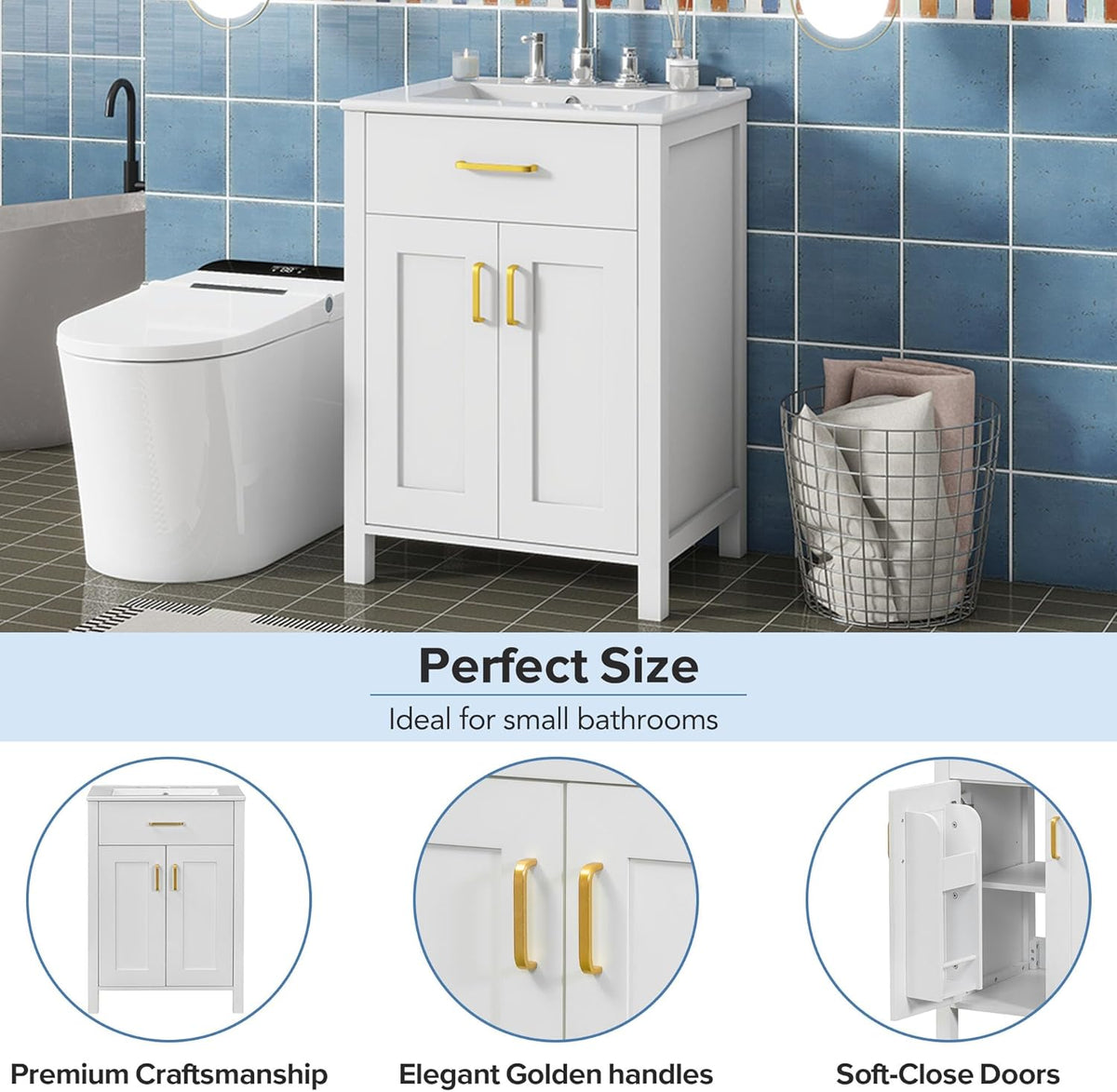 White 24" Bathroom Vanity with Sink, 2 Doors and Drawer E780