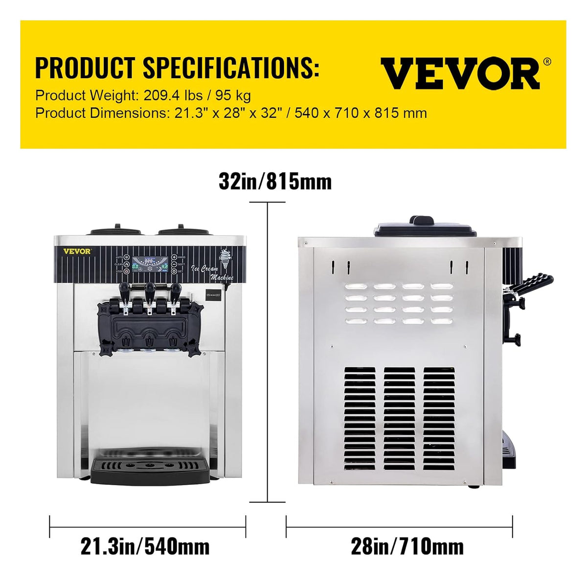 Silver Commercial Ice Cream Machine 5.3 to 7.4Gal per Hour 3 Flavors 2200W F196