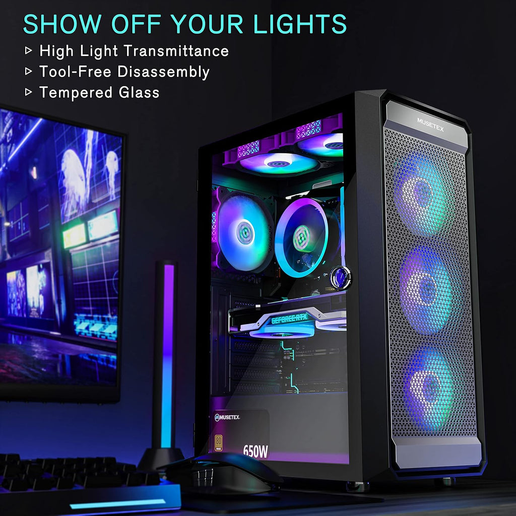 ATX PC Case with 6pcs ARGB Fans, Type-C Port, Mesh Front Panel, Tempered Glass Side Door K2067