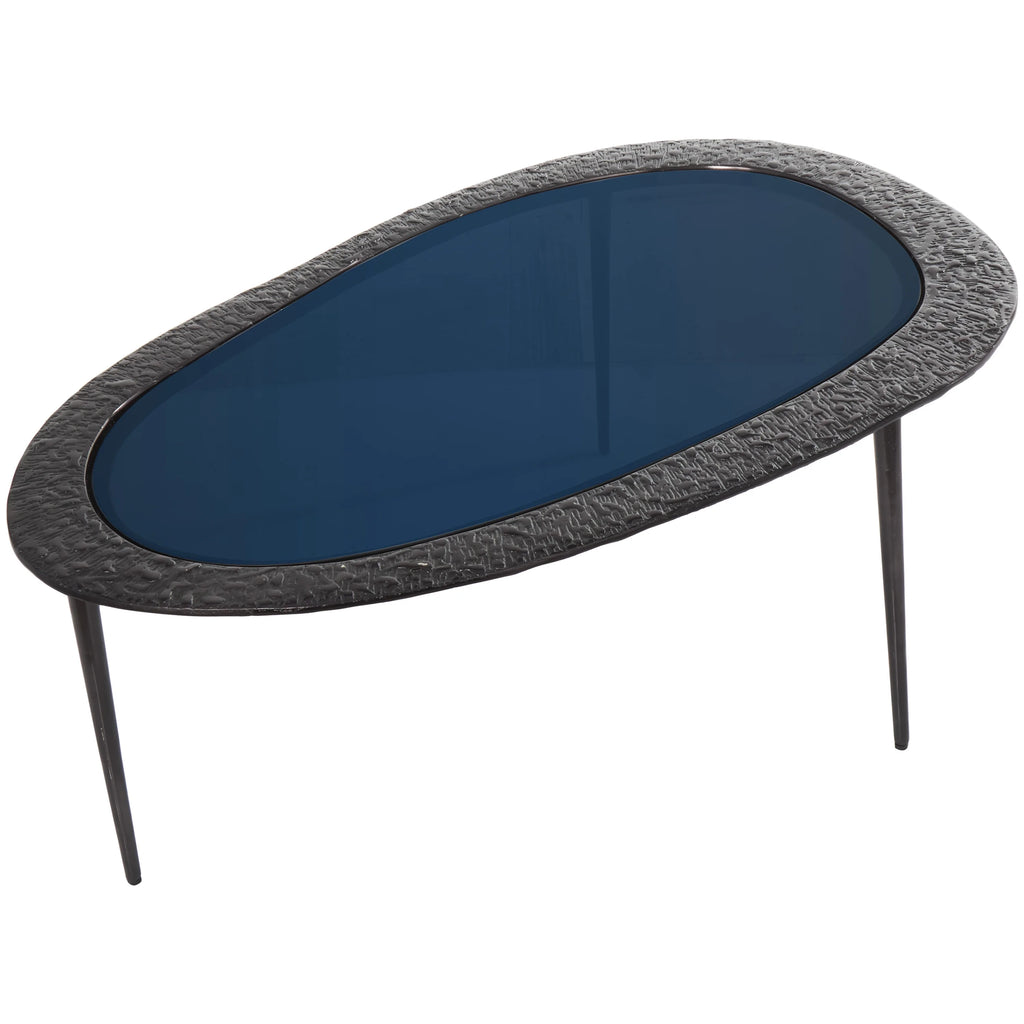 30" x 18" Black Aluminum Oval Coffee Table with Glass Top I3694