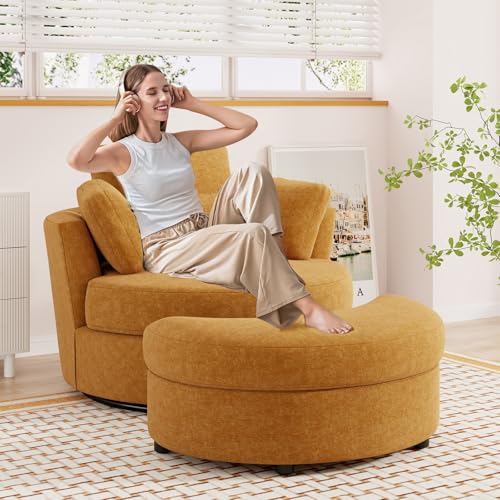 Oversized Orange Chenille Swivel Accent Chair with Storage Ottoman V14264