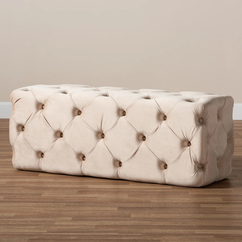 Beige Velvet Button Tufted Bench Ottoman R983