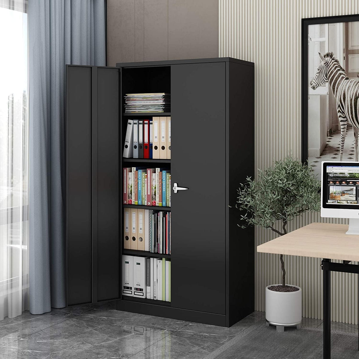 Black Lockable Metal Storage Cabinet with 4 Adjustable Shelves O1747
