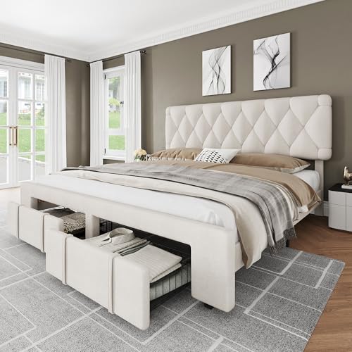 Queen Size Upholstered Platform Bed Frame with Storage Drawers I2343