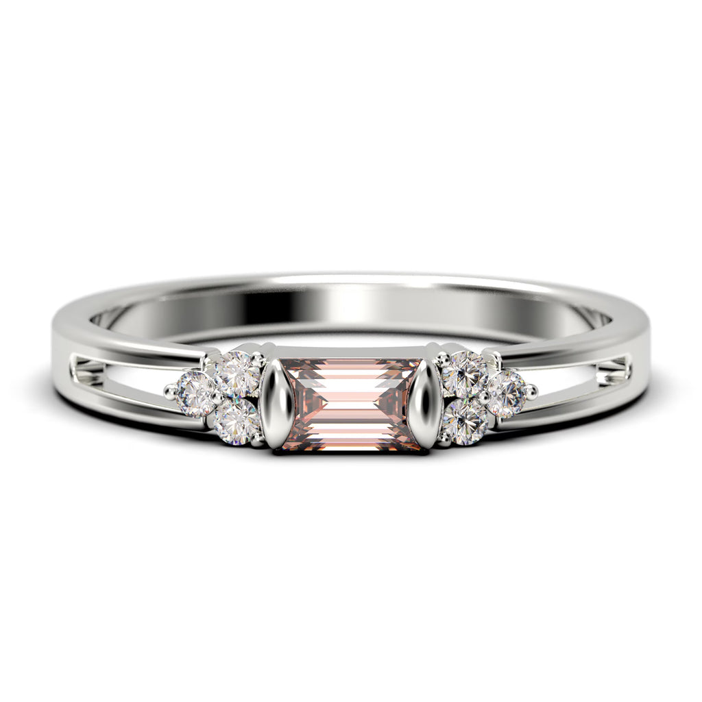 1.00 Carat Baguette Cut Morganite And Diamond Moissanite Engagement Ring in 10k Solid White Gold H342