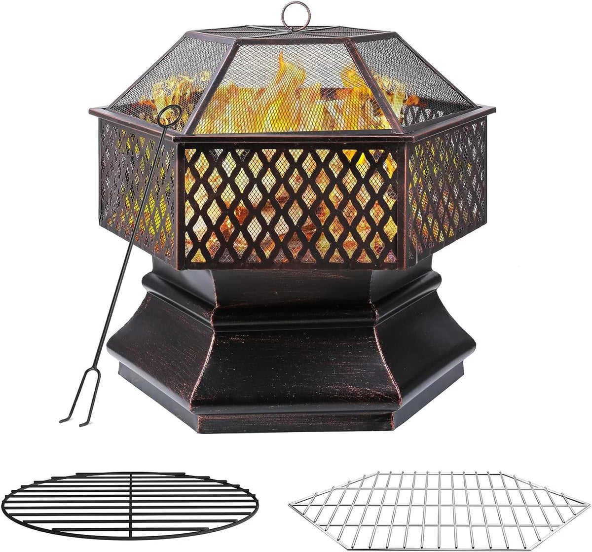 28'' Hex Shaped Steel Wood Burning Fire Pit with Spark Screen & Fire Poker H14804