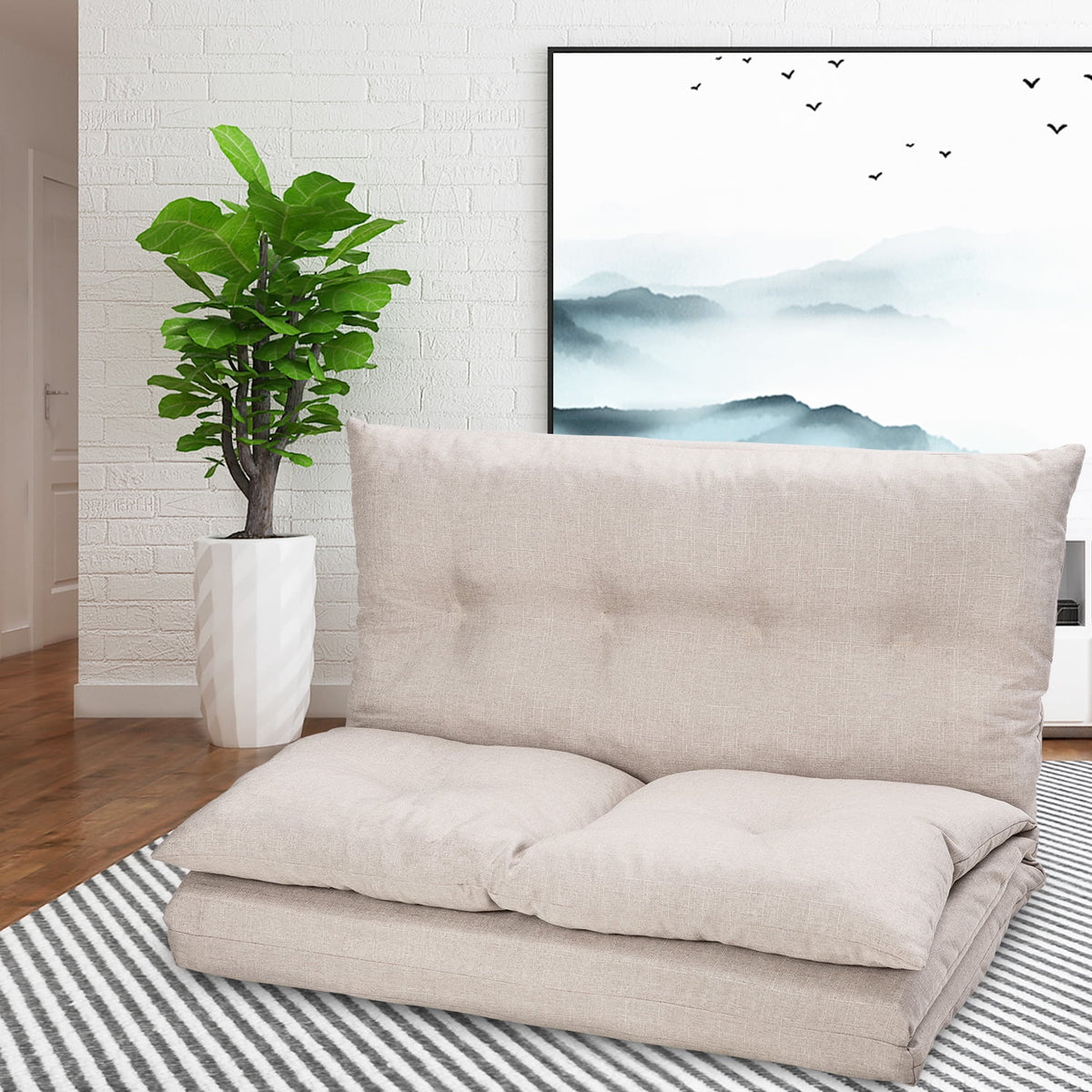Foldable Double Chaise Lounge Floor Sofa Chair with Two Pillows F34293