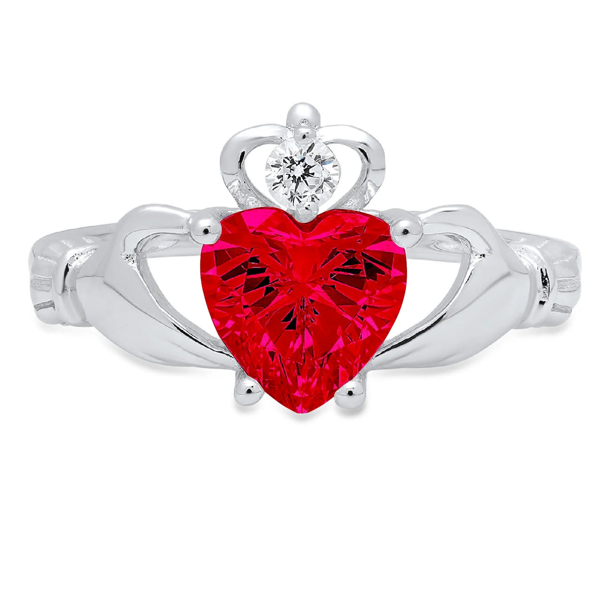 1.06ct Heart Cut Red Simulated Ruby 18k White Gold Claddagh Ring Size 3.5 A233223