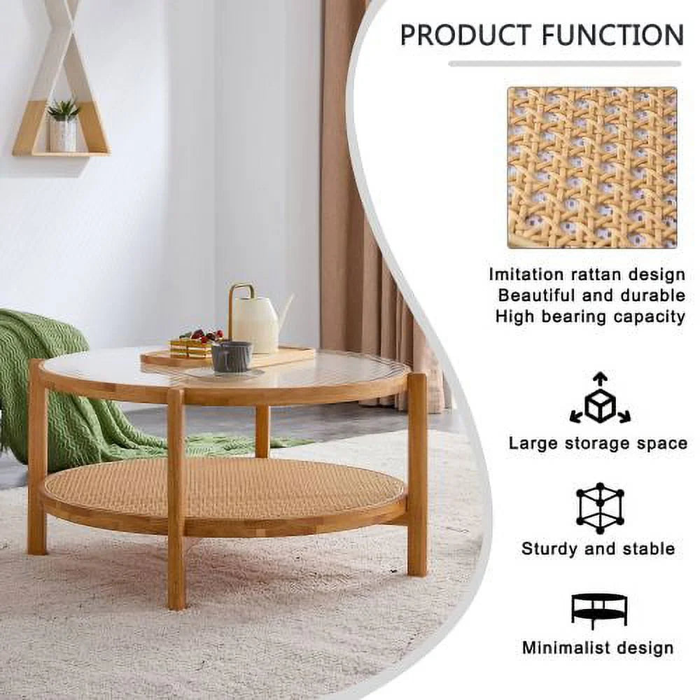 Round 2-Tier Glass Coffee Table with Solid Wood Legs N8785