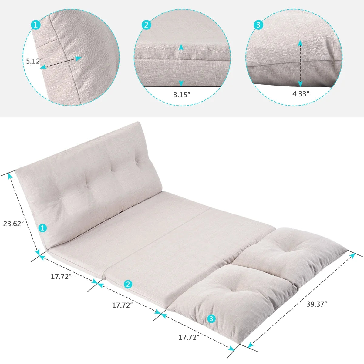Foldable Double Chaise Lounge Floor Sofa Chair with Two Pillows F34293