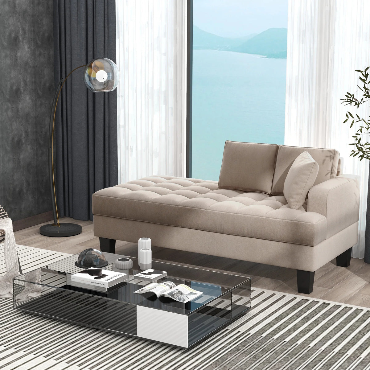 64" Deep Tufted Upholstered Textured Fabric Chaise Lounge with Toss Pillow, Warm Grey G824258