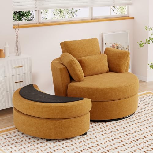 Oversized Orange Chenille Swivel Accent Chair with Storage Ottoman V14264