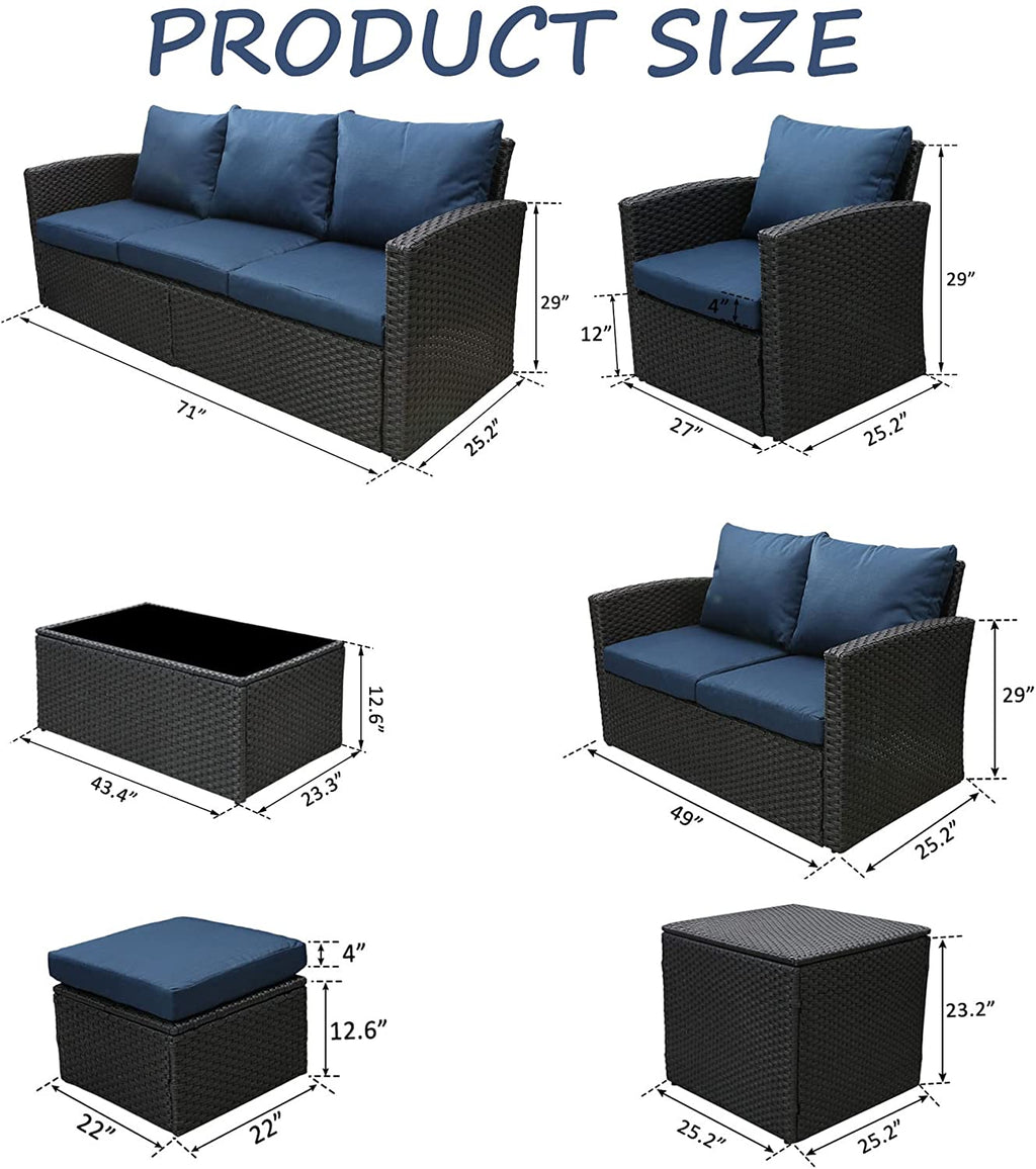 Blue 8 Pcs Wicker Patio Conversation Set with Coffee Table and Ottoman L359