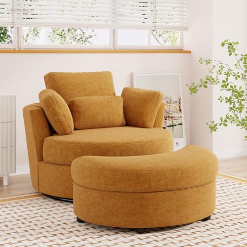 Oversized Orange Chenille Swivel Accent Chair with Storage Ottoman V14264