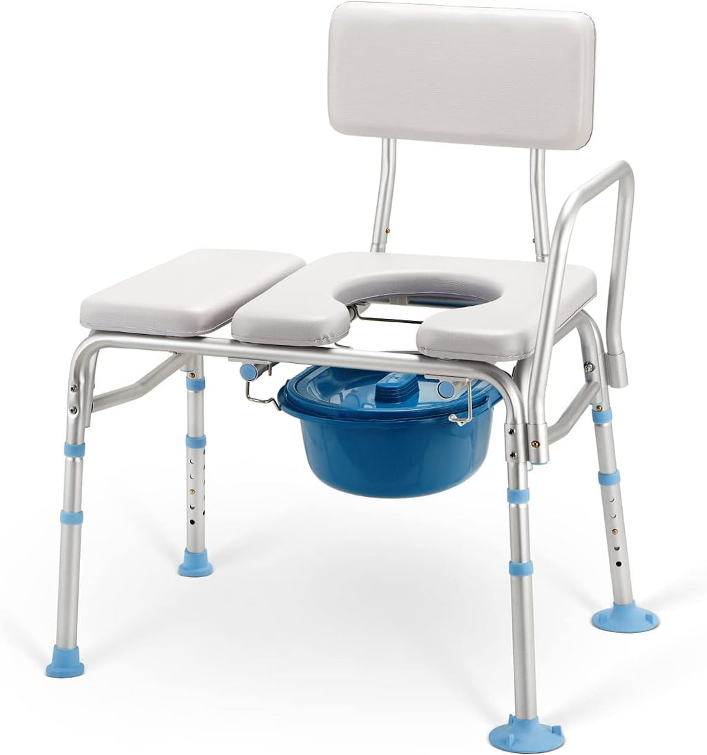 Bathtub Transfer Bench with Commode Opening, Padded Shower Bench with Removable Backrest & Adjustable Legs U9211