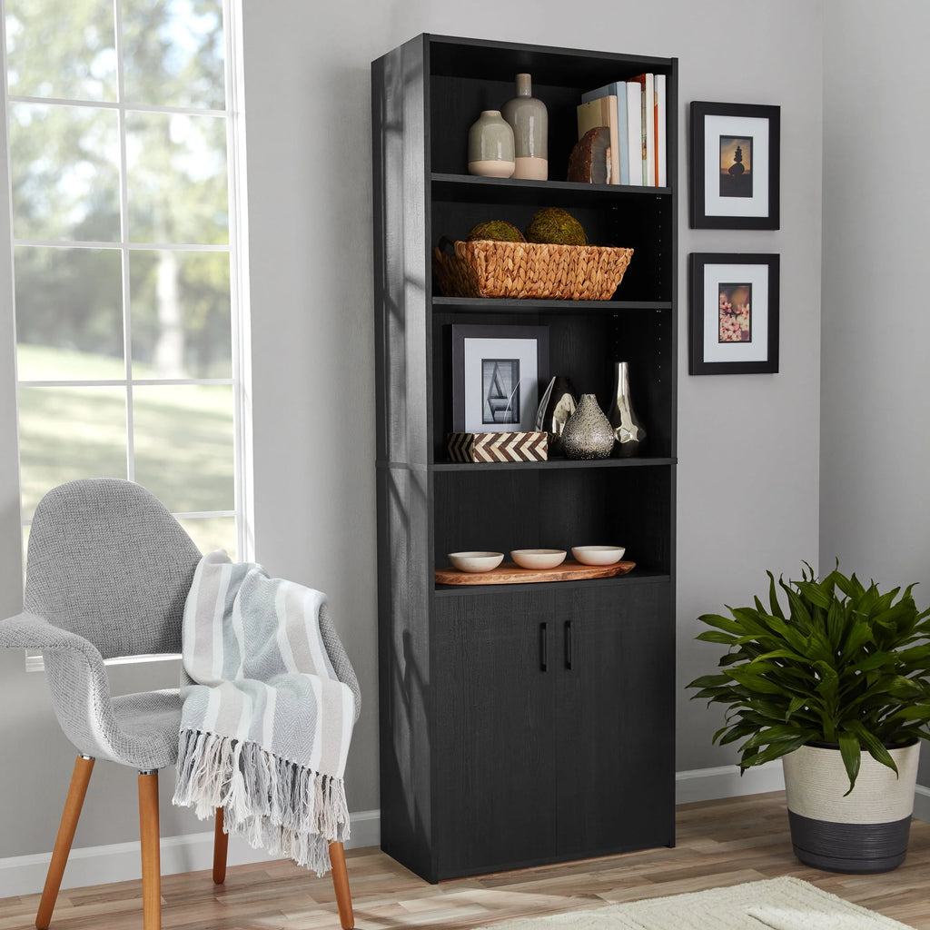 5 Shelf Bookcase with Doors, Black O203