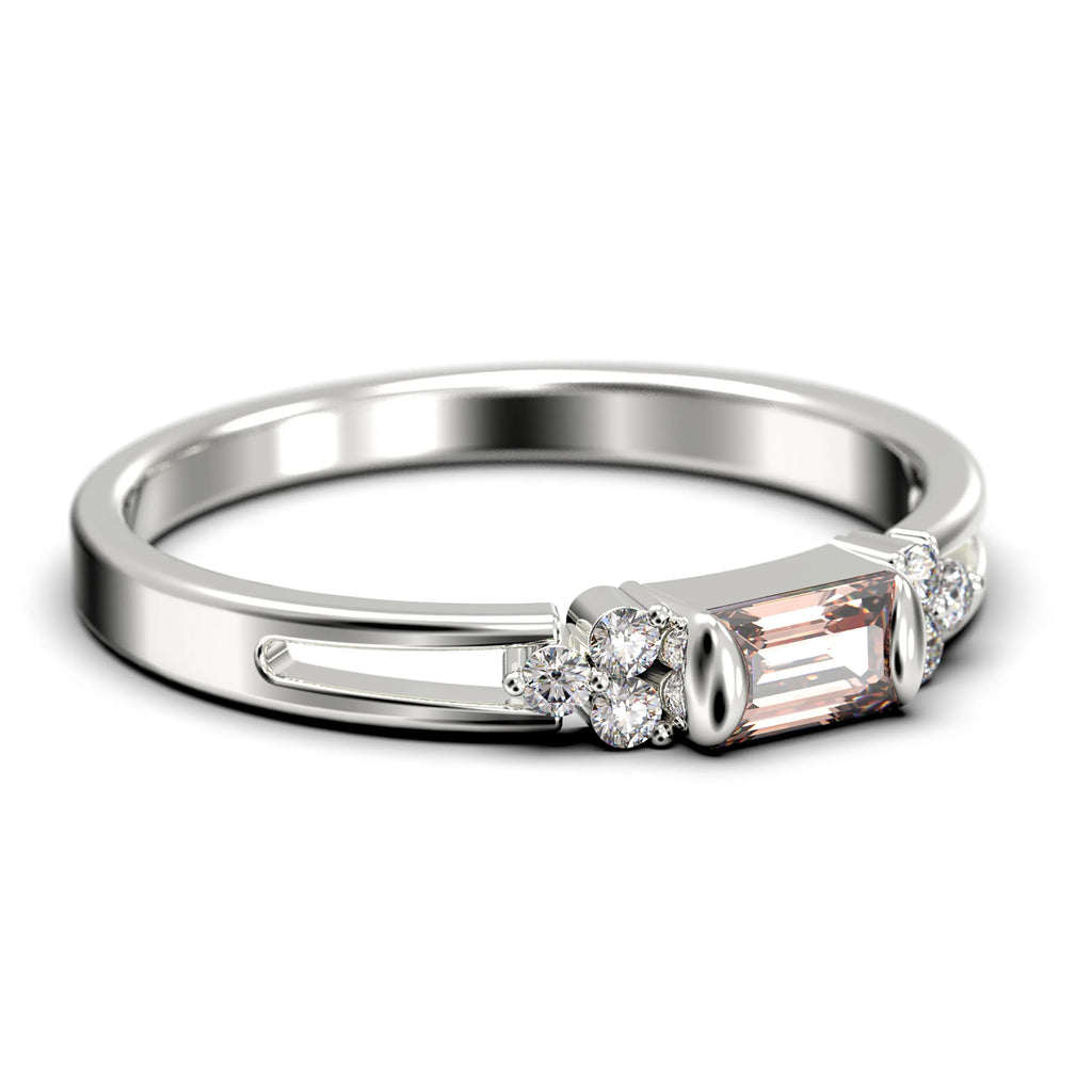 1.00 Carat Baguette Cut Morganite And Diamond Moissanite Engagement Ring in 10k Solid White Gold H342