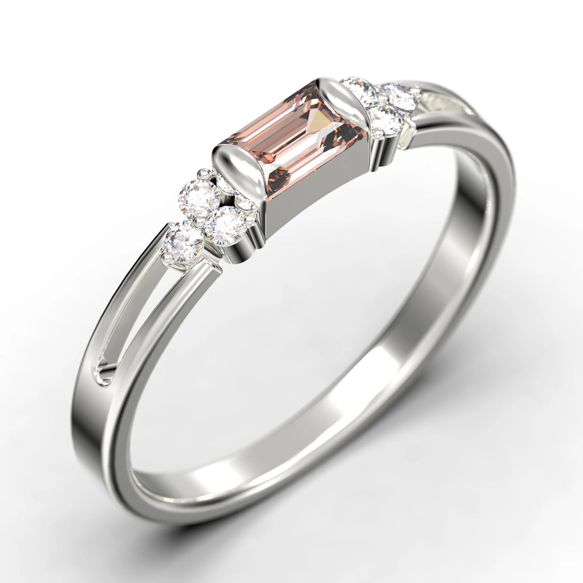 1.00 Carat Baguette Cut Morganite And Diamond Moissanite Engagement Ring in 10k Solid White Gold H342