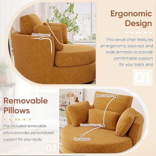 Oversized Orange Chenille Swivel Accent Chair with Storage Ottoman V14264