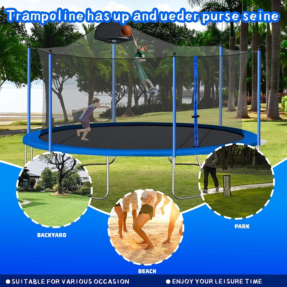 14FT Trampoline with Basketball Hoop, Safety Enclosure Net & Ladder, Blue L3684