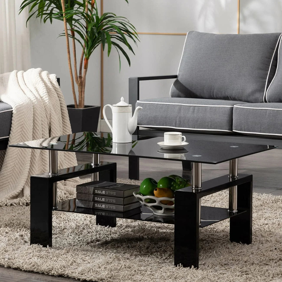 Rectangle Glass Coffee Table with Lower Storage Shelf 2-Tier U7995