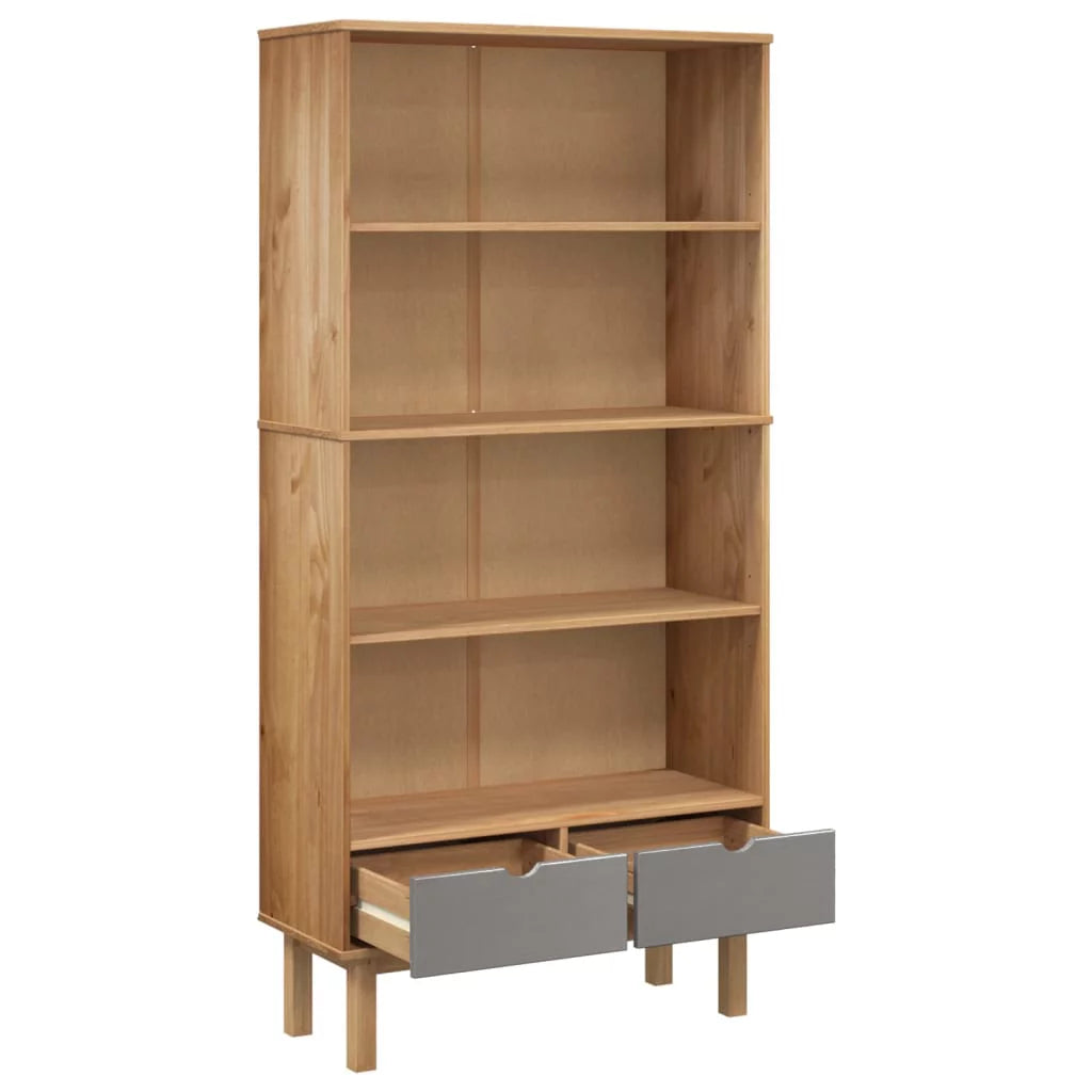 Brown and Gray Solid Wood Pine Bookcase with 2 Drawers R531345