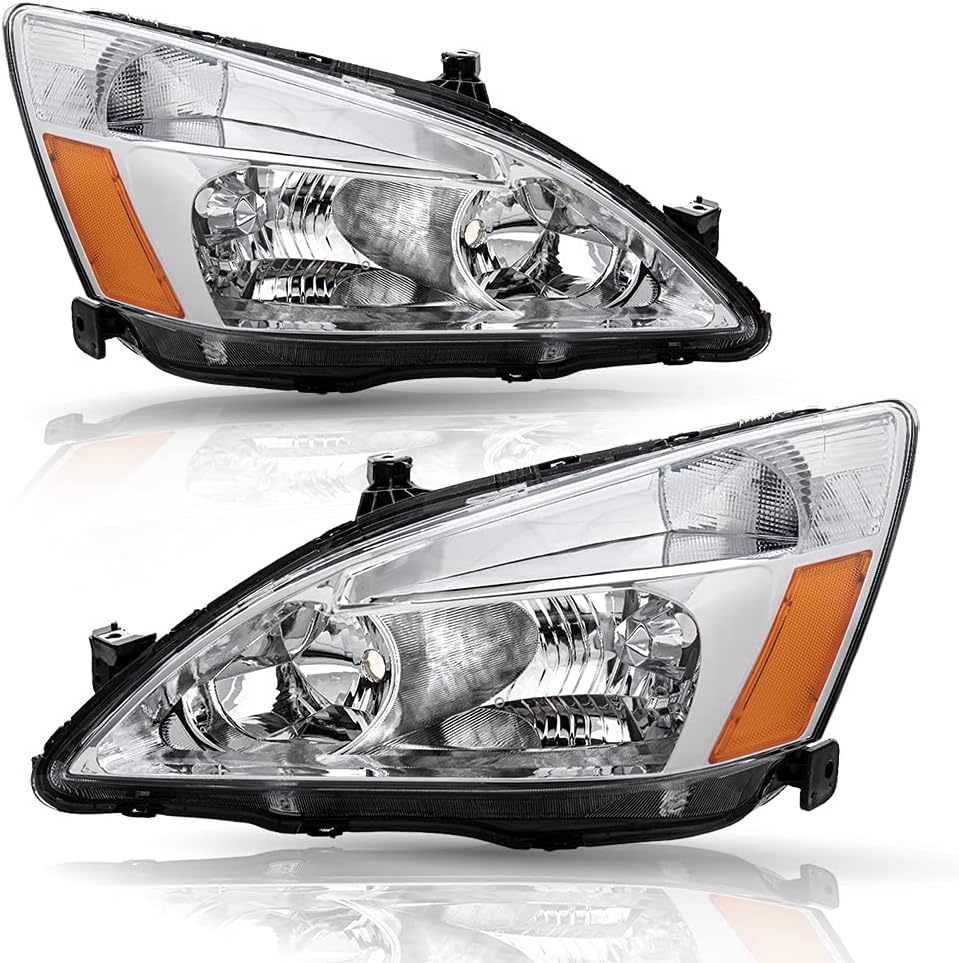 Headlight Assembly Set for 2003-2007 Honda Accord Black Housing Amber Reflector N9063