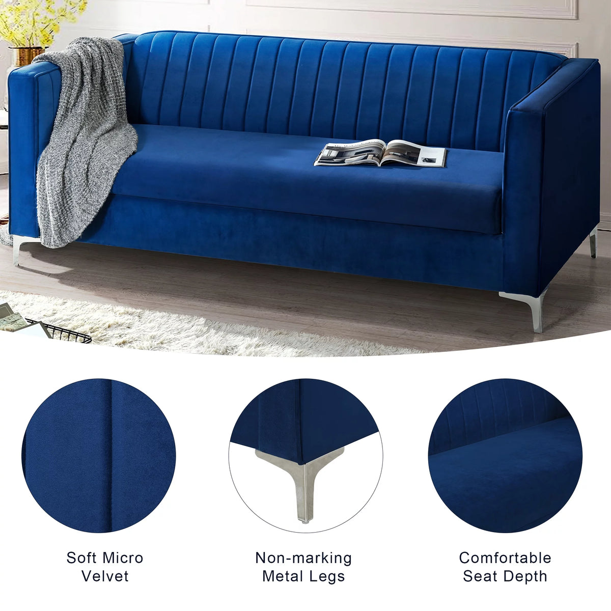 Blue Velvet Loveseat Sofa with Metal Legs Y90582