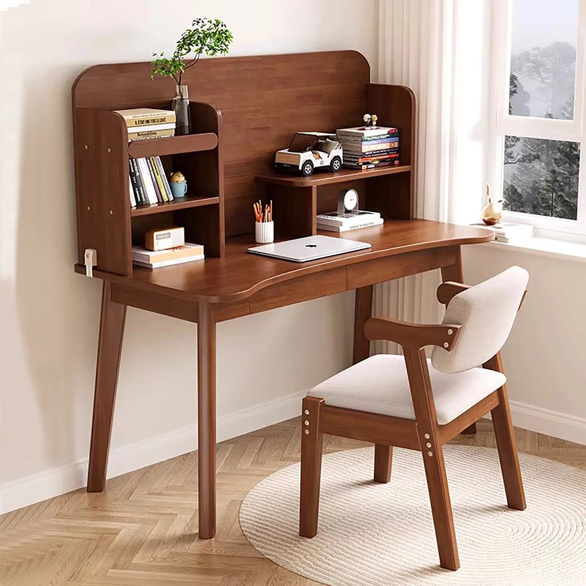 Kids Desk and Chair Set Wooden with Bookshelf and Two Drawers V2055